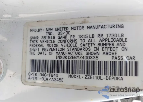 2000 Toyota Corolla Ce z USA, uszkodzony, nr VIN 1NXBR12E6YZ400335